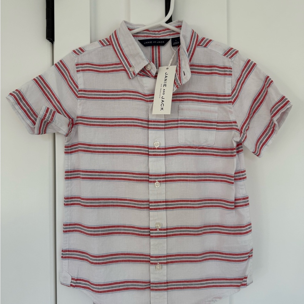 Janie and Jack White and Red Striped Button Down Linen-Blend Shirt